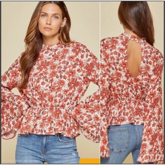Andree By Unit Size 2X Ivory Rust Floral Flare Sleeve‎ Blouse Boho - Picture 1 of 13